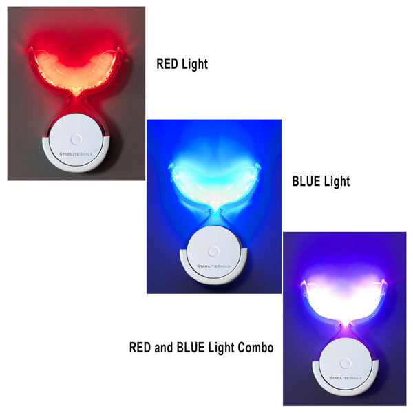 Starlite Smile LED gum light shown lit in its three modes: red light, blue light, and red and blue light combo.