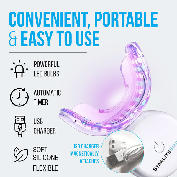 LED gum health device features: USB charger, automatic timer, soft silicone mouthpiece.