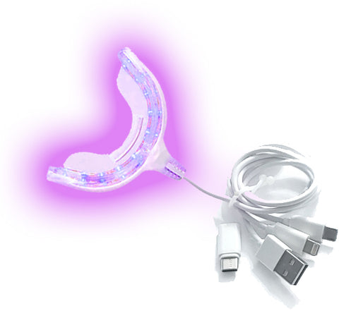 Light therapy gum device with USB, USB-C, Android, and iPhone connectors.