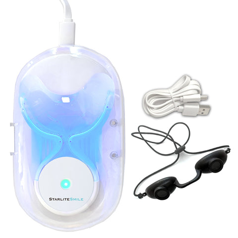 Gum health LED device with red and blue light therapy and USB charger included.