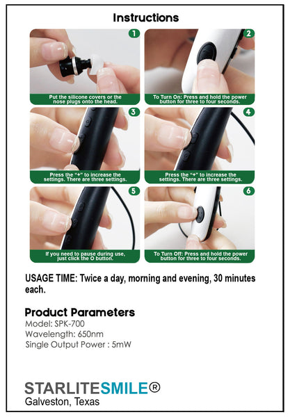 Step-by-step instructions for using the red light nasal and ear therapy device with silicone attachments.