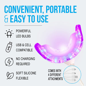 Light therapy gum device with USB, USB-C, Android, and iPhone connectors.