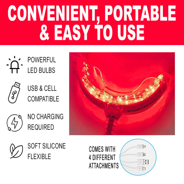 Starlite Smile red LED gum light features: LED bulbs, USB and cell phone compatible, no charging required, soft flexible silicone, four attachments.