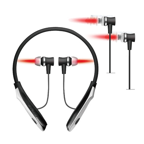 Rechargeable red light therapy headset with visible red LED beams for nasal and ear canal use.