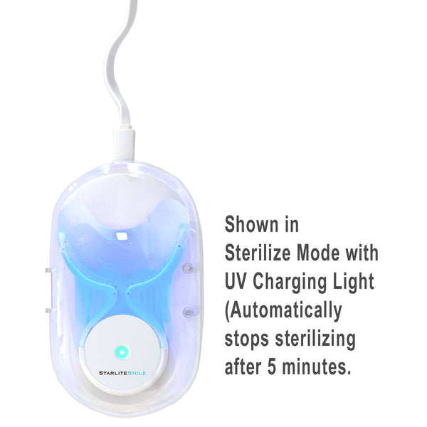 Starlite Smile LED gum light in its sterilizing charging case, shown in sterilize mode, which stops automatically after 5 minutes.