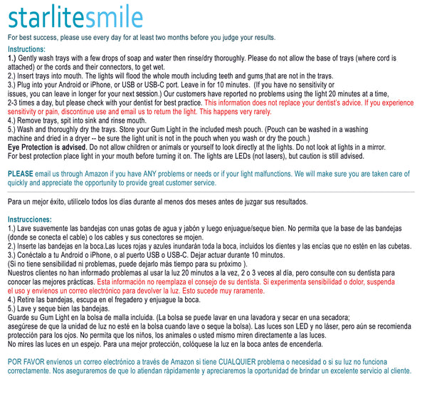 Instructions for red light therapy gum device by Starlite Smile – English and Spanish directions for LED mouth tray.