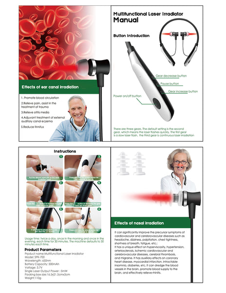 Instruction manual showing features and benefits of nasal and ear red light therapy device.