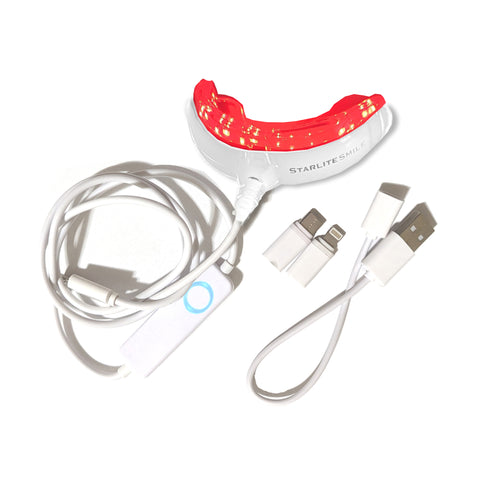 Portable red light therapy gum device with USB connectors for oral health and gum care.