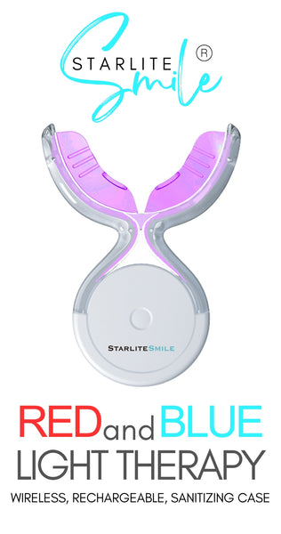 Oral LED gum therapy device with red and blue light for periodontal support and oral hygiene.
